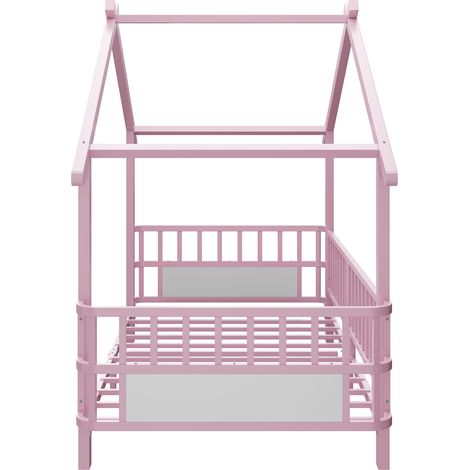 Cama infantil de metal con forma de casa 90 x 200 cm con barandilla de seguridad rosa HOMVRA (1/5)