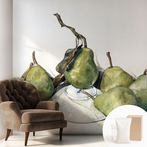 Papier peint intissé décoratif pour salon chambre et cuisine Facile à poser avec colle Poires à l'aquarelle 250x250 cm (1/5)