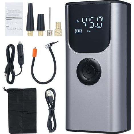Gonfleur de pneus portable, compresseur d'air multifonctionnel pour voitures, motos, vélos, ballons de basket, batterie externe avec fonction lampe LED SOS, pression des pneus préréglée et batterie de