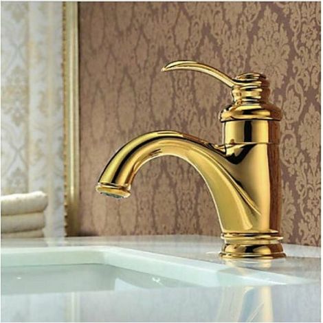Robinet de lavabo monotrou doré (tuyau d'arrivée d'eau non inclus), compatible avec l'eau chaude et froide. (1/5)
