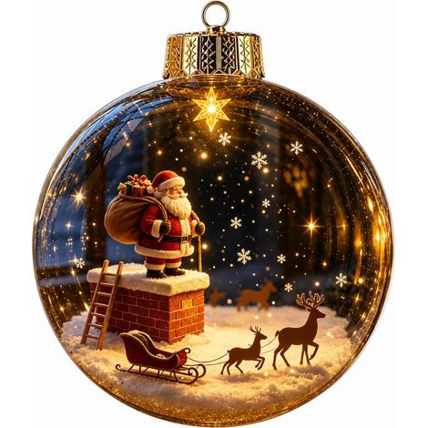 Boule à neige lumineuse en acrylique transparent, ornement de Noël 3D à suspendre au sapin, représentant le Père Noël et son traîneau de rennes. (1/5)