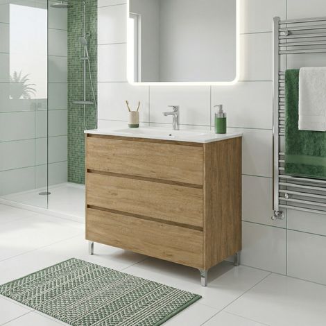Meuble vasque L.100cm sur pied 3 tiroirs Chêne naturel LISBONA - sans colonne (1/5)
