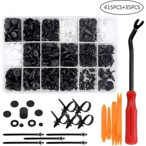 415 pezzi di clip per rivetti in plastica, elemento di fissaggio protettivo per rivetti in plastica, clip universali per auto in bianco e nero con scatola di immagazzinaggio e strumento di installazio (1/5)