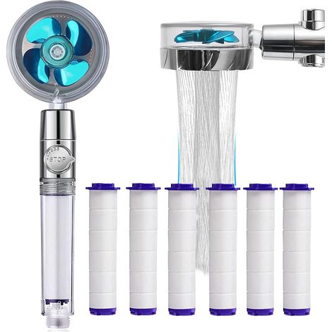 ZOLGINAH Alcachofa de ducha, Alcachofa de ducha antical que ahorra agua, Alcachofa de ducha con filtro universal, Alcachofa de ducha con hélice de 360°, con 6 elementos filtrantes de algodón PP (azul) (1/5)