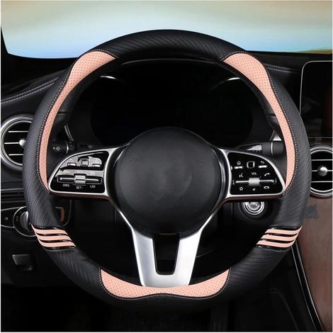 Protection de volant en cuir et fibre de carbone, compatible avec Mercedes-Benz AMG, 38 cm, modèles AC, CLA, E, GLA, GLC, GLE, SB et CLS (rose).