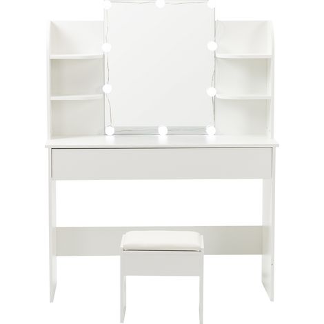 Coiffeuse, table de maquillage avec tabouret, éclairage LED, miroir, blanc (1/5)