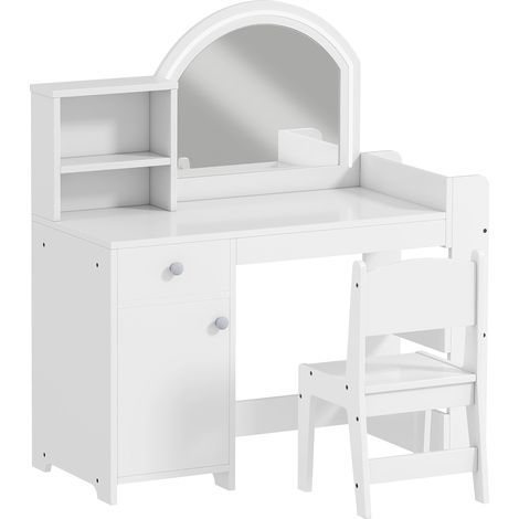 Set Toeletta Trucco per Bambine 88,6x38,8x96,9 cm con Specchio Sedia Luce LED Armadietto Scaffali e Libreria in MDF Bianco (1/5)