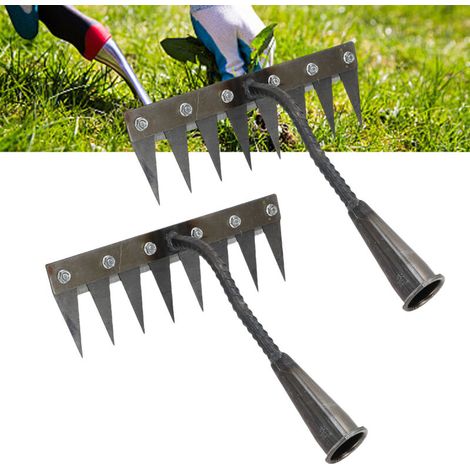 Lot de 2 Outils de Désherbage à Double Usage Bêche et Râteau en Acier Manganèse pour Jardinage Manuel-KZQ (1/5)
