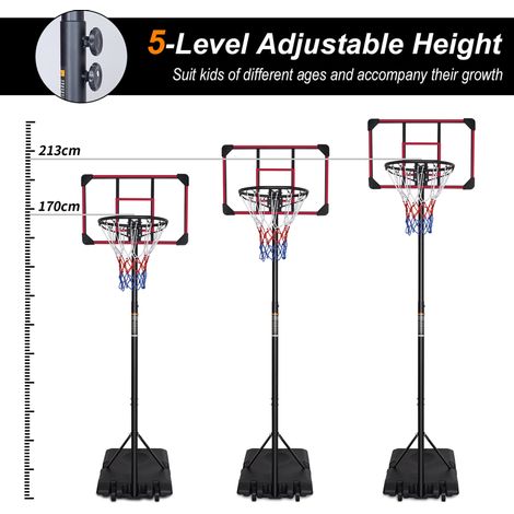 Canestro da basket portatile regolabile 170-213 cm in metallo nero e rosso - MEUBLIV (1/5)