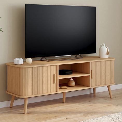 Meuble TV 140 cm ROMIE effet lattes 2 portes coulissantes