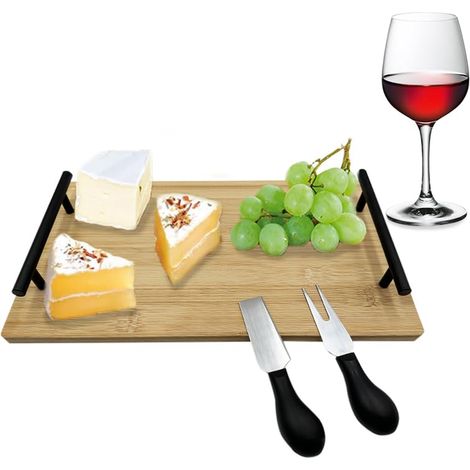 Vassoio da portata per formaggi da 35x20 cm in Bambù colore Legno naturale - Tagliere rettangolare con manici neri con 2 coltelli da formaggio (1/5)