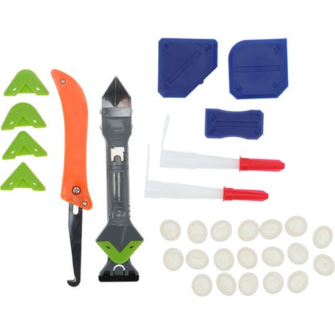Kit d'outils pour le calfeutrage, comprenant un grattoir pour enlever la colle et le joint en silicone, idéal pour les sols et les fenêtres. Nettoyage de la colle et du joint en silicone. (1/5)