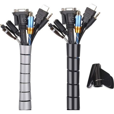 Cache Cable 2 Pack,Flexible Range Cable 2x5m PE Cable Rangement Organisateur de Cable pour Ranger ou Cacher les cables,Gaine pour cables(1.6cm ),Noir et Gris (1/3)