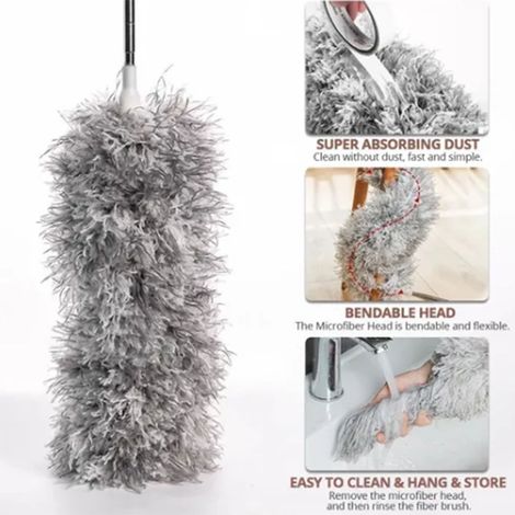 Brosse à poussière rétractable en fibres fines, tête flexible détachable, manche télescopique en acier inoxydable, grise (1/5)