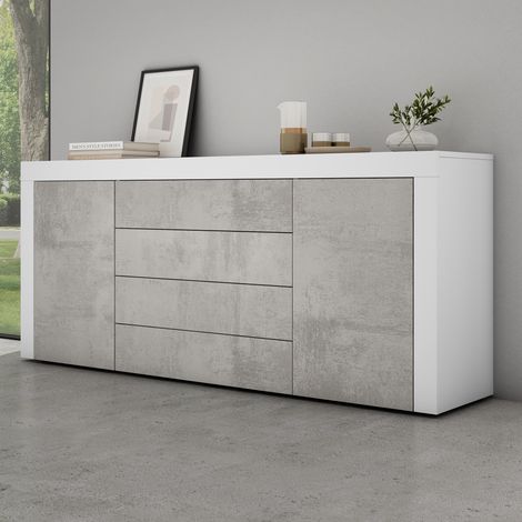 Mai & Mai Meuble de Rangement avec 2 Portes et 4 Tiroirs Casier de Rangement Polyvalent Buffet Blanc Mat + Béton 167x36x70 cm SR03 (1/5)