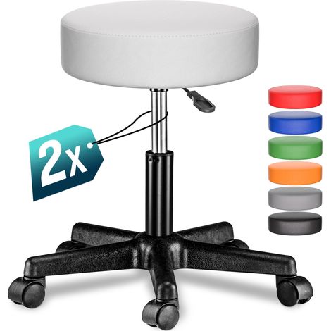 CASARIA® Rollhocker Höhenverstellbar 10cm Polsterung 46-60cm Sitzhöhe 360° drehbar Ø35cm rund Rollen Bürohocker Drehhocker Arbeitshocker Hocker 2er Set weiß