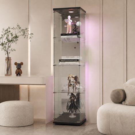 Vitrine en Verre avec éclairage LED et Serrure de Sécurité, Vitrine Armoire 4 Étagères 1 Porte, Verre Trempé, Noir