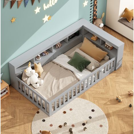 Cama individual 90/200 cm gris de tablero de partículas con almacenaje lateral, USB y barandilla abatible (1/5)