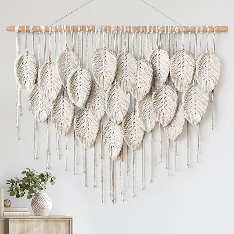 Tapiz de macramé con estampado de hojas, alfombra bohemia grande tejida a mano con borlas, decoración de pared de estilo bohemio chic para dormitorio, sala de estar o apartamento (beige).