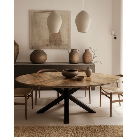 Apogée - Table salle à manger ovale, Plateau en Manguier à Chevrons & Pied Étoile en Métal (1/5)