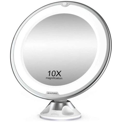 Grossissant Miroir Maquillage 10x avec Lumières LED 1 Joint à Bille d'attache Ajustable à 360° Miroir Cosmétique Portable, pour Salle de Bain, Voyage (1/5)