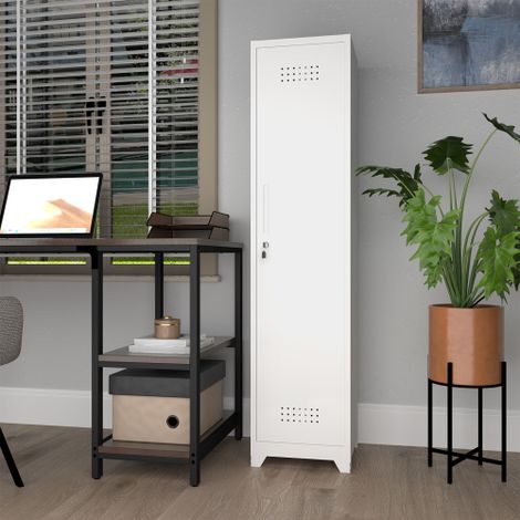 Mobiletto portaoggetti stretto 40x40x165 cm con asta regolabile, ventilazione e serratura, metallo bianco (1/5)
