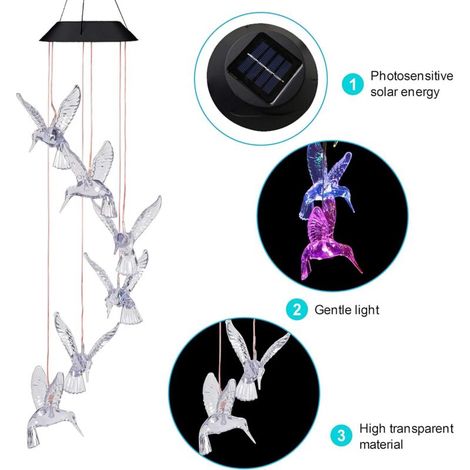 Solarbetriebenes Kolibri-Windspiel für den Außenbereich – LED-Solar-Kolibri-Mobile, wasserdicht, farbwechselnd – romantisches Geschenk für Mama, Dekoration für Zuhause, Partys, Feste und den nächtlich