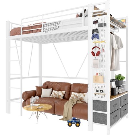 Hochbett 90 × 200 cm mit Eisenrahmen, Kleiderstange, Regalen, 4 Schubladen, USB + Type-C, LED-Leiste, Geländer und Leiter, Lochbrett, Weiß, ohne Matratze