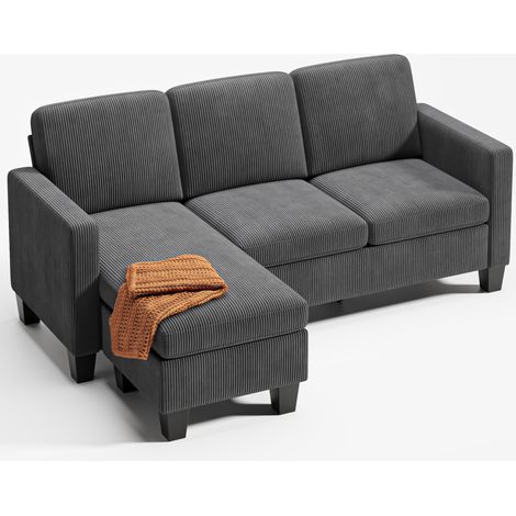 Bealife – Canapé d'angle en L 3 places avec méridienne – Revêtement velours côtelé gris – Dimensions 188 x 136,5 x 89 cm – Conception inclinable et modulaire