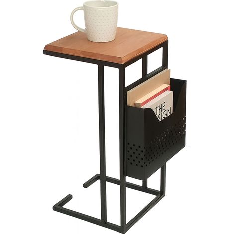 Mesa auxiliar Relaxdays con revistero, HBT: 63 x 30 x 37 cm, madera, metal, forma C, diseño industrial, marrón/negro