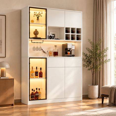 Vitrina alta con LED para salón y comedor, 6 puertas, 2 cajones, estantes abiertos y puertas de vidrio templado, mueble expositor blanco de CHICFURN para organizar y decorar (1/5)