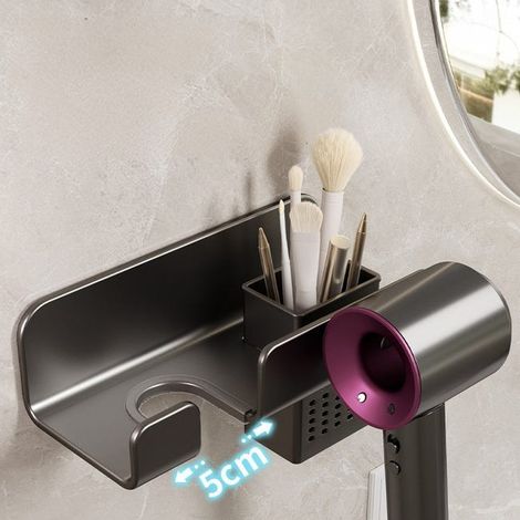 Porta asciugacapelli da parete nero – Organizer da bagno compatto e multifunzionale 24x11x8 cm (1/4)