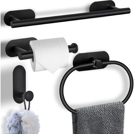 Juego de 4 accesorios de baño, toallero de 40 cm, acero inoxidable, no requiere taladrar, negro mate.