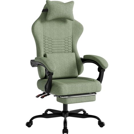 Chaise de bureau gaming en tissu, chaise gaming de massage avec appui-tête, siège gaming ergonomique de course avec repose-pieds (vert) (1/5)