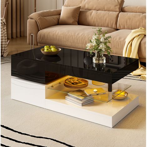 Tavolino da caffè 90x45x35.5 cm bianco e nero in pannello truciolare con LED Bluetooth, finitura lucida e ripiano in vetro (1/5)