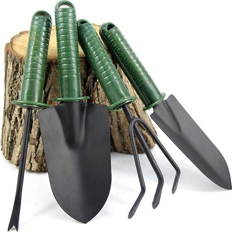 Ensemble de Outils de Jardinage, 4 Pièces Mini Pelle à Main avec Manche, Râteau à Fleurs, Pelle à Terreau avec Poignée pour Balcon, Fourche pour Pot de Jardin, Plantes et Semis (Vert, Noir) (1/5)