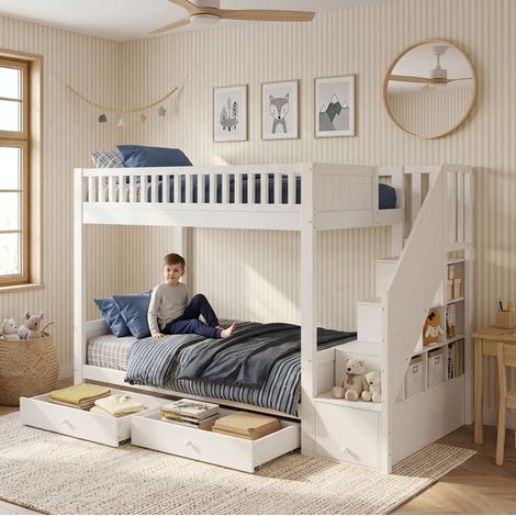 Litera infantil 90x200 cm blanca de madera maciza y MDF con escalera de almacenaje y cajones (1/5)