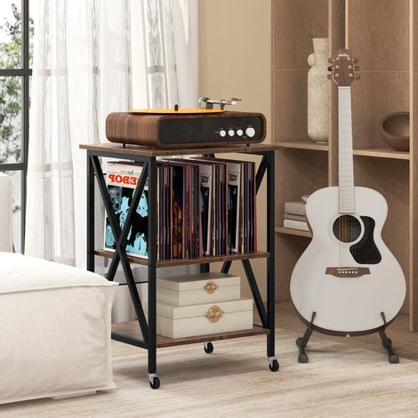 Support pour Tourne-disque Support pour Platine avec Station de Charge Intégrée Table d'Appoint en Métal avec Séparateur Marron Rustique (1/3)