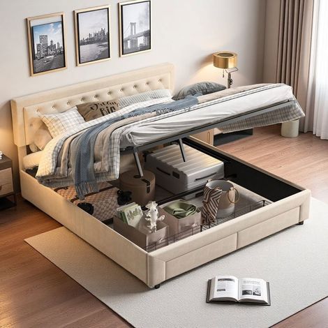 Cama doble 160x200 - Cofre hidráulico - Terciopelo beige - Cajón de almacenamiento - 2 plazas