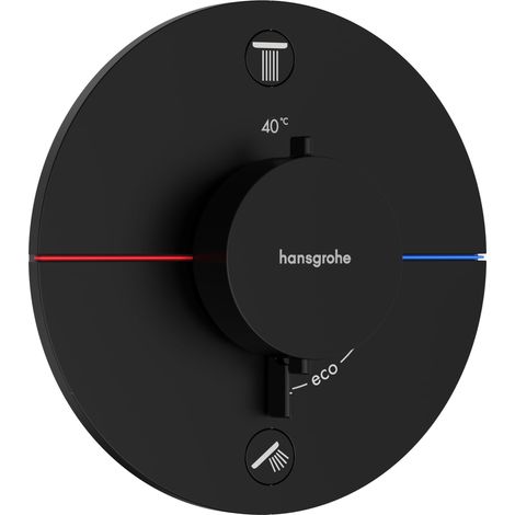 Mitigeur thermostatique, Robinet encastré avec arrêt de sécurité à 40°C, Thermostat rond, 2 sorties, Noir mat (1/5)