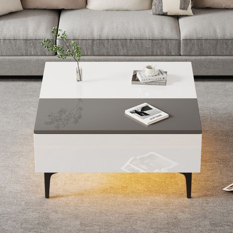 Table basse 70x70x35 cm blanc et gris en MDF, plateau relevable avec rangement et LED (1/5)