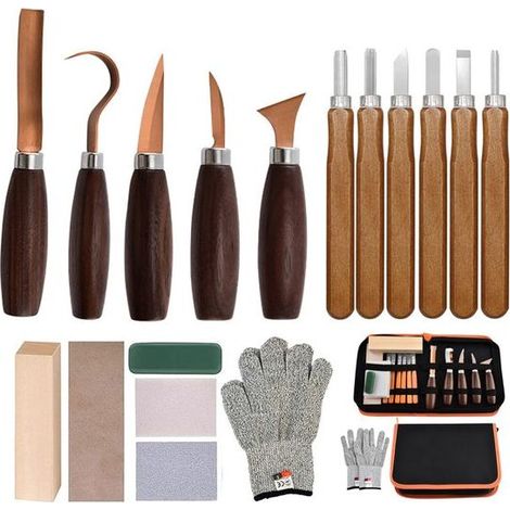 Set de 18 ciseaux à bois - Kit de burins - Manche en bois massif - Avec sac de rangement portable et outil d'affûtage - Pour débutants, sculpteurs et menuisiers - Couleur bois naturel et or rose (1/5)