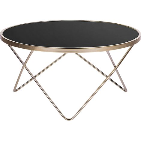 Mesa de centro tablero de cristal templado negro patas de horquilla de metal dorado forma redonda Meridian II