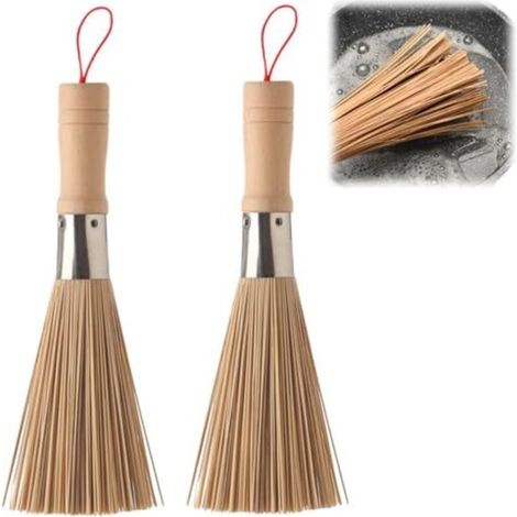 Spazzola da cucina in bambù naturale – Set di 2 spazzole multifunzionali per wok, verdure e piatti – Ecologica e resistente