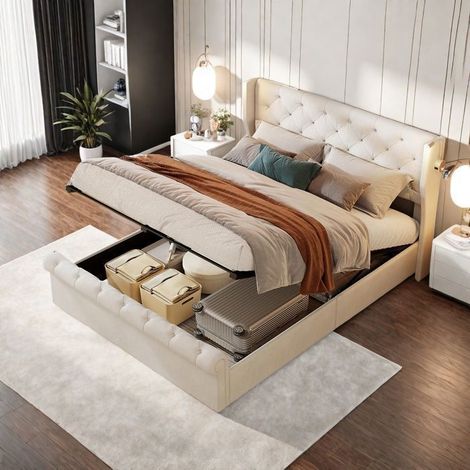 Doppelbett 160x200 cm mit Kopfteil mit USB und LED-Lampe, Bett für Erwachsene mit Lattenrost, Stauraumtruhen, Beige