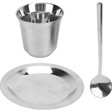 Kaffeetassenset mit Untertasse und Löffel, 80 ml, doppelwandig isoliert, Edelstahl 304, Espressotasse für Tee