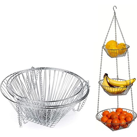 Hängeobstkorb 3-etagig, Gestell aus Metall Draht - Spender für Obst & Gemüse, Platzsparend Aufbewahrung für Küche, Lager, Supermarkt