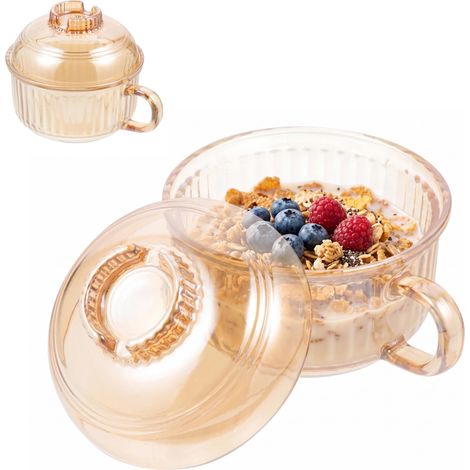 Grande tasse de petit-déjeuner pour céréales Bol nouilles Ramen verre ambré 1 l avec couvercle et poignée Couvercle multifonction Support pour téléphone Soucoupe repose-baguettes Couverts 1 l (1/5)