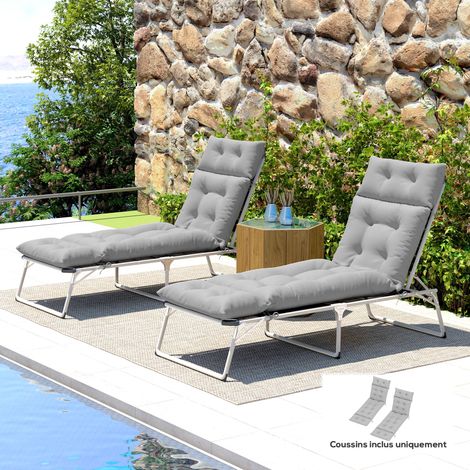 Lot de 2 coussins de chaise longue coussin bain de soleil épais, confortable - 6 attaches, 190 x 56 x 10 cm, gris clair (1/5)
