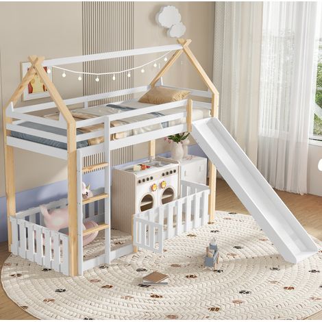 MEUBLIV Lit superposé enfant 90x200 cm blanc et naturel – avec toboggan, sans matelas (1/5)